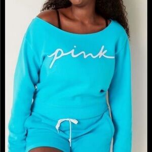 NOT AVAILABLE Blue PINK Off-Shoulder Sweatshirt